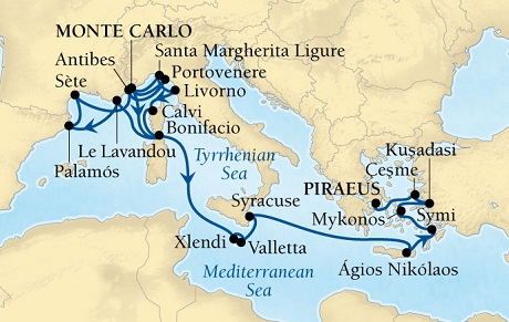 Cruises Around The World Seabourn Sojourn Cruise Map Detail Monte Carlo, Monaco to Piraeus (Athens), Greece October 10-31 2027 - 21 Days - Voyage 5553A