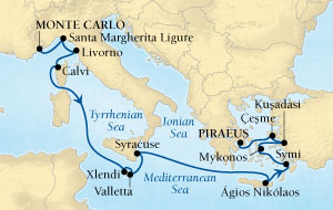 Cruises Around The World Seabourn Sojourn Cruise Map Detail Monte Carlo, Monaco to Piraeus (Athens), Greece October 17-31 2027 - 14 Days - Voyage 5554