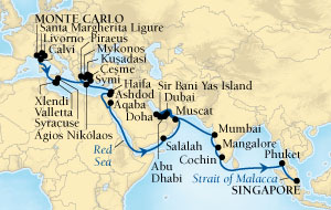 Cruises Around The World Seabourn Sojourn Cruise Map Detail Monte Carlo, Monaco to Singapore October 17 December 6 2027 - 50 Days - Voyage 5554B