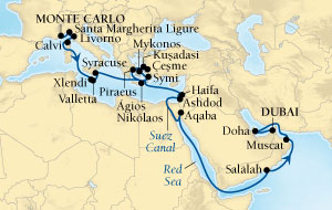 Cruises Around The World Seabourn Sojourn Cruise Map Detail Monte Carlo, Monaco to Dubai, United Arab Emirates October 17 November 18 2027 - 32 Days - Voyage 5554A