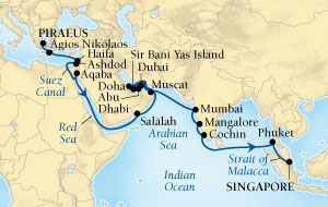 Cruises Around The World Seabourn Sojourn Cruise Map Detail Piraeus (Athens), Greece to Singapore October 31 December 6 2027 - 36 Days - Voyage 5557A