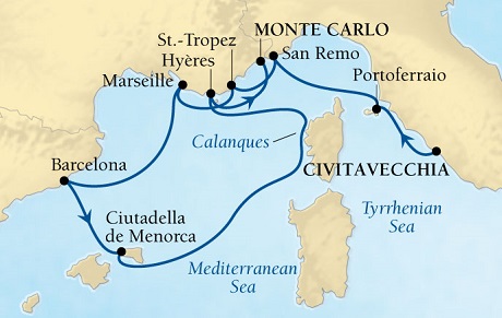 Cruises Around The World Seabourn Sojourn Cruise Map Detail Civitavecchia (Rome), Italy to Monte Carlo, Monaco September 2-12 2027 - 10 Days - Voyage 5546
