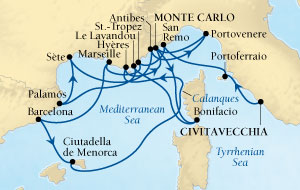 Cruises Around The World Seabourn Sojourn Cruise Map Detail Civitavecchia (Rome), Italy to Monte Carlo, Monaco September 2-19 2027 - 17 Days - Voyage 5546A