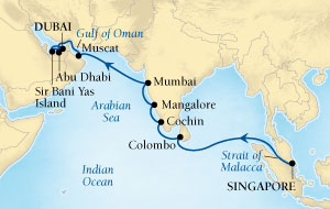 Cruises Around The World Seabourn Sojourn Cruise Map Detail Singapore to Dubai, United Arab Emirates April 17 May 5 2028 - 18 Days - Voyage 5623