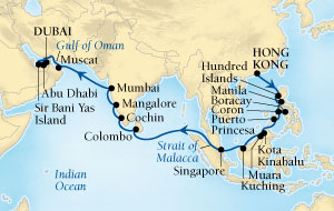 Cruises Around The World Seabourn Sojourn Cruise Map Detail Hong Kong, China to Dubai, United Arab Emirates April 3 May 5 2028 - 32 Days - Voyage 5620A