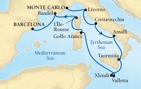 Cruises Around The World Seabourn Sojourn Cruise Map Detail Monte Carlo, Monaco to Barcelona, Spain August 11-22 2028 - 11 Days - Voyage 5647