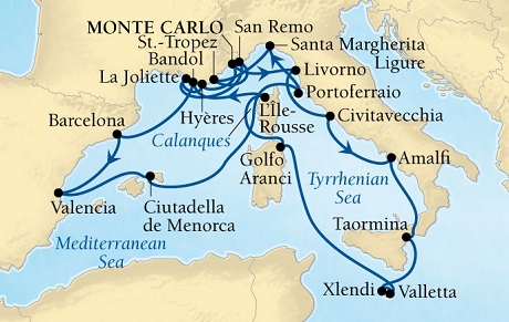 Cruises Around The World Seabourn Sojourn Cruise Map Detail Monte Carlo, Monaco to Monte Carlo, Monaco August 11 September 1 2028 - 21 Days - Voyage 5647A