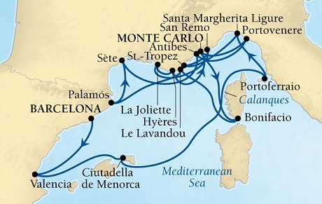 Cruises Around The World Seabourn Sojourn Cruise Map Detail Barcelona, Spain to Monte Carlo, Monaco August 22 September 8 2028 - 17 Days - Voyage 5648A