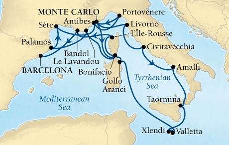 Cruises Around The World Seabourn Sojourn Cruise Map Detail Monte Carlo, Monaco to Barcelona, Spain August 4-22 2028 - 18 Days - Voyage 5646A