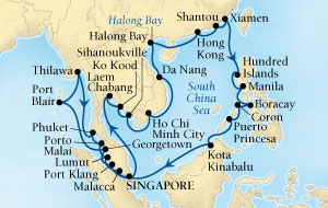 Cruises Around The World Seabourn Sojourn Cruise Map Detail Singapore to Singapore December 22 2028 February 4 2026 - 44 Days - Voyage 5673B