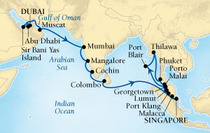 Cruises Around The World Seabourn Sojourn Cruise Map Detail Dubai, United Arab Emirates to Singapore December 5 2028 January 7 2026 - 33 Days - Voyage 5670A