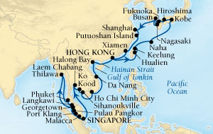 Cruises Around The World Seabourn Sojourn Cruise Map Detail Singapore to Hong Kong, China February 14 April 3 2028 - 49 Days - Voyage 5613B
