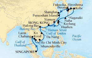 Cruises Around The World Seabourn Sojourn Cruise Map Detail Singapore to Hong Kong, China February 28 April 3 2028 - 35 Days - Voyage 5614A