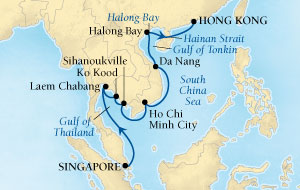 Cruises Around The World Seabourn Sojourn Cruise Map Detail Singapore to Hong Kong, China January 17-31 2028 - 14 Days - Voyage 5611