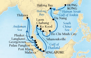 Cruises Around The World Seabourn Sojourn Cruise Map Detail Hong Kong, China to Singapore January 31 February 28 2028 - 28 Days - Voyage 5612A