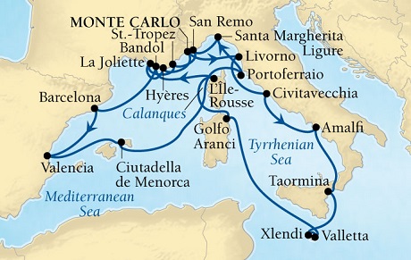 Cruises Around The World Seabourn Sojourn Cruise Map Detail Monte Carlo, Monaco to Monte Carlo, Monaco July 14 August 4 2028 - 21 Days - Voyage 5641A