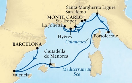 Cruises Around The World Seabourn Sojourn Cruise Map Detail Barcelona, Spain to Monte Carlo, Monaco July 25 August 4 2028 - 10 Days - Voyage 5642
