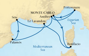 Cruises Around The World Seabourn Sojourn Cruise Map Detail Monte Carlo, Monaco to Monte Carlo, Monaco July 7-14 2028 - 7 Days - Voyage 5640