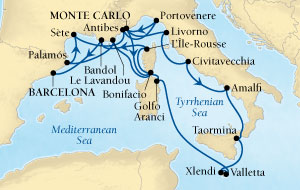 Cruises Around The World Seabourn Sojourn Cruise Map Detail Monte Carlo, Monaco to Barcelona, Spain July 7-25 2028 - 18 Days - Voyage 5640A