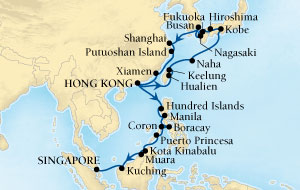 Cruises Around The World Seabourn Sojourn Cruise Map Detail Hong Kong, China to Singapore March 13 April 17 2028 - 35 Days - Voyage 5619A