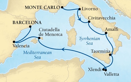 Cruises Around The World Seabourn Sojourn Cruise Map Detail Monte Carlo, Monaco to Barcelona, Spain May 30 June 9 2028 - 10 Days - Voyage 5628