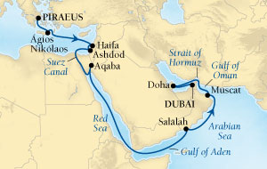 Cruises Around The World Seabourn Sojourn Cruise Map Detail Piraeus (Athens), Greece to Dubai, United Arab Emirates November 17 December 5 2028 - 18 Days - Voyage 5667