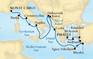 Cruises Around The World Seabourn Sojourn Cruise Map Detail Monte Carlo, Monaco to Piraeus (Athens), Greece November 3-17 2028 - 14 Days - Voyage 5664