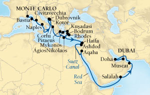 Cruises Around The World Seabourn Sojourn Cruise Map Detail Monte Carlo, Monaco to Dubai, United Arab Emirates November 3 December 5 2028 - 32 Days - Voyage 5664A