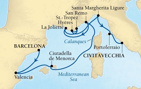 Cruises Around The World Seabourn Sojourn Cruise Map Detail Barcelona, Spain to Civitavecchia (Rome), Italy September 19-29 2028 - 10 Days - Voyage 5654