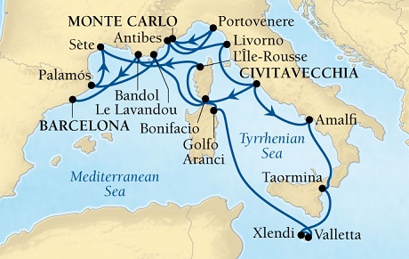 Cruises Around The World Seabourn Sojourn Cruise Map Detail Civitavecchia (Rome), Italy to Barcelona, Spain September 29 October 17 2028 - 18 Days - Voyage 5655A