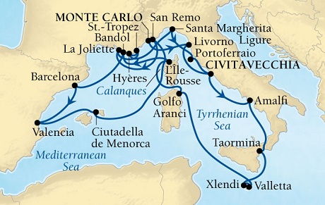 Cruises Around The World Seabourn Sojourn Cruise Map Detail Monte Carlo, Monaco to Civitavecchia (Rome), Italy September 8-29 2028 - 21 Days - Voyage 5653A