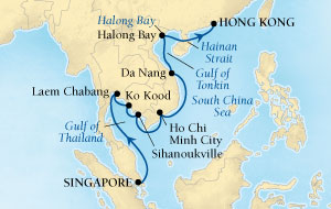 Cruises Around The World Seabourn Sojourn Cruise Map Detail Singapore to Hong Kong, China March 4-18 2026 - 14 Days - Voyage 5718