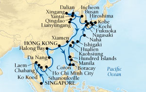 Cruises Around The World Seabourn Sojourn Cruise Map Detail Singapore to Hong Kong, China March 4 April 23 2026 - 50 Days - Voyage 5718B