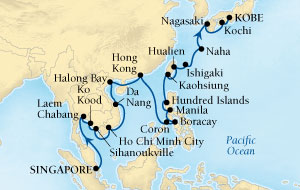 Cruises Around The World Seabourn Sojourn Cruise Map Detail Singapore to Kobe, Japan March 4 April 5 2026 - 32 Days - Voyage 5718A
