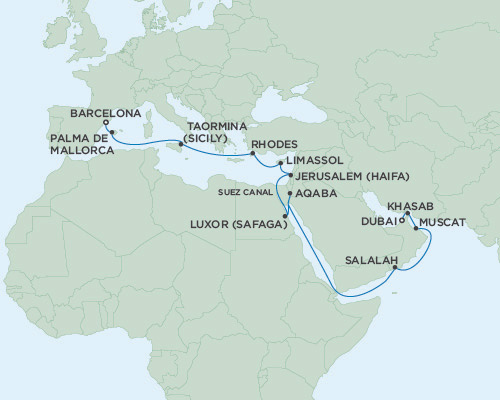 Cruises Around The World Seven Seas Voyager May 2-23 2028 Dubai, United Arab Emirates to Barcelona, Spain