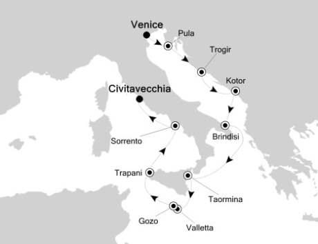 Cruises Around The World Silversea Silver Cloud June 6-17 2028 Venice to Civitavecchia, Italy