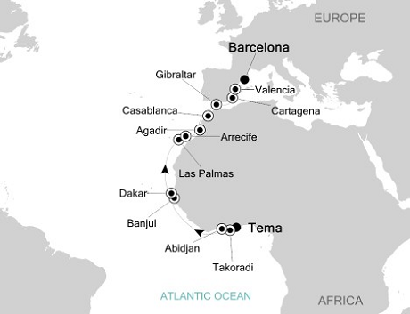 Cruises Around The World Silversea Silver Cloud March 16 April 1 2028 Accra to Barcelona