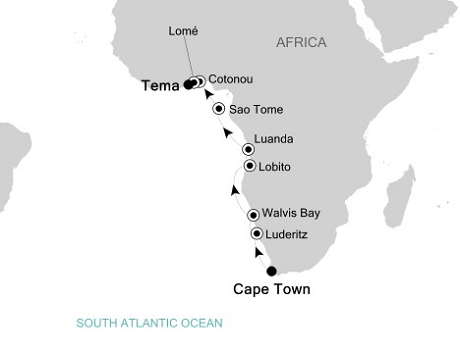 Cruises Around The World Silversea Silver Cloud March 3-16 2028 Cape Town to Accra