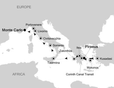 Cruises Around The World Silversea Silver Cloud May 9-19 2026 Piraeus, Greece to Monte Carlo, Monaco