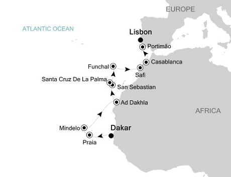 Cruises Around The World Silversea Silver Explorer April 15-29 2028 Dakar to Lisbon