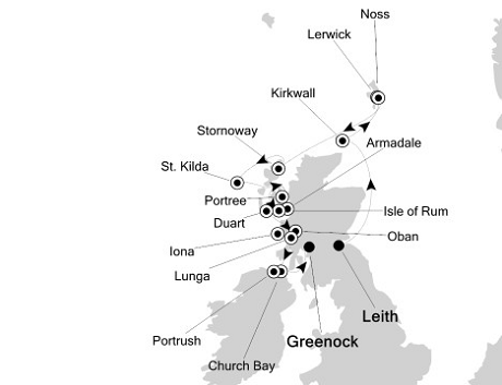 Cruises Around The World Silversea Silver Explorer May 21-31 2028 Leith (Edinburgh), S to Greenock (Glasgow)