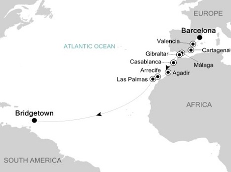 Cruises Around The World Silversea Silver Spirit November 5-21 2028 Barcelona to Bridgetown