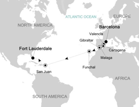 Cruises Around The World Silversea Silver Wind November 15 December 2 2028 Barcelona, Spain to Fort Lauderdale, Florida
